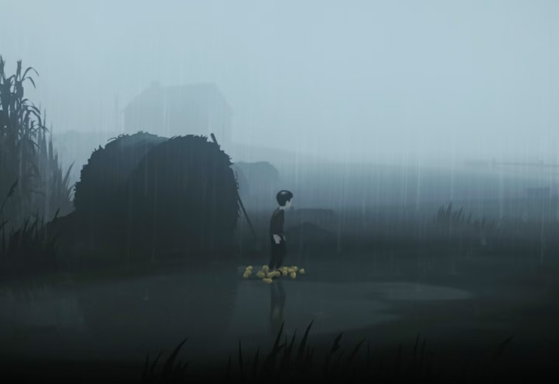 A still from the game Inside, where a young boy is sitting in a rainy woodsy area.