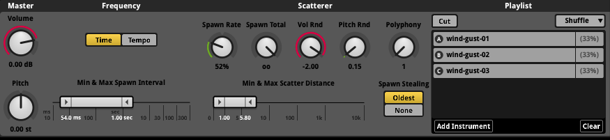 A screenshot shows how FMOD Studio's scatterer instrument uses randomized timing and playback settings to create natural variation in environmental sounds.
